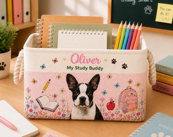 Personalized Pet Photo Storage Basket, Custom Name Toy Bin, Canvas Rope Organizer