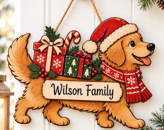 Personalized Golden Retriever Christmas Door Hanger, Custom Family Name Wooden Sign (Dog Lover Gift)