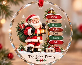 Personalized Santa Glass Ornament 2026, Custom Family Name Christmas Keepsake