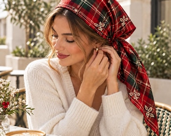 Christmas Plaid Satin Bandana, Red Green Tartan Headscarf, Holiday Neck Scarf