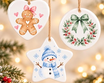 Watercolor Ceramic Christmas Ornament, Pastel Holiday Keepsake, Hand-Painted Tree Decoration