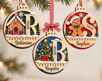 Personalized 2026 Christmas Wood Ornament, Custom Name Initial, Ash Plywood (2 Layer)