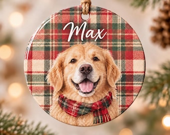 Personalized Pet Photo Christmas Ornament, Custom Plaid Dog Cat Ceramic Keepsake