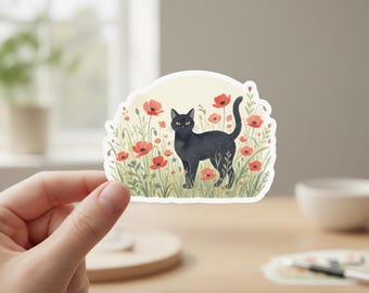 Funny Black Cat Standing In A Wildflower Meme Sticker, Vinyl Waterproof Decor & Party Favors For Laptop Water Bottle Skateboard Travel Gear