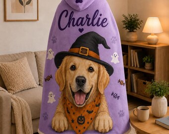 Personalized Pet Photo Halloween Hooded Blanket, Custom Dog Cat Sherpa Wearable Gift