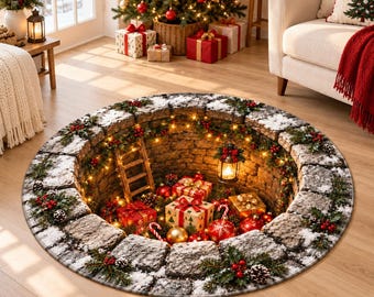 3D Illusion Christmas Well Rug, Round Holiday Floor Mat, Flannel Christmas Decor
