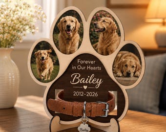 Personalized Paw Memorial Frame, Custom Pet Photo Collar Display, Wood Pet Sympathy Gift