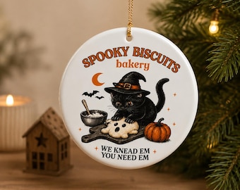 Black Cat Witch Ceramic Ornament, Halloween Pumpkin Decor, Spooky Bakery Cat Lover Gift