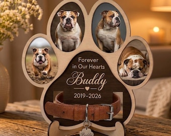 Custom Paw Print Memorial Frame, Pet Collar Holder, Wood Photo Display, Pet Sympathy Gift