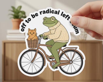 Frog And Cat On Bicycle Resistance Sticker, Off To Be Radical Left Scum Sticker, Vinyl Waterproof Decor For Laptop Water Bottle