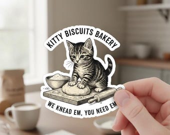 Funny Black Cat Sticker, Cat Owner Sticker, Cute Cat Baking Humorous Bakery Cat, Kitty Biscuits Bakery We Knead Em You Knead Em, Vinyl Decor