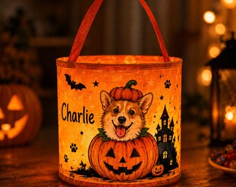 Personalized Halloween Pet Photo Candy Basket, Trick or Treat Bag, Light Up Candy Bucket