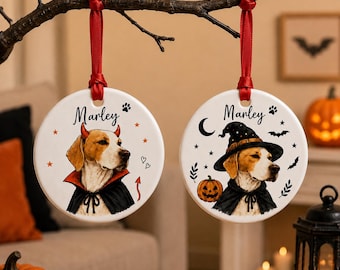 Personalized Pet Halloween Ceramic Ornament, Custom Photo Dog Decor, Witch Devil Style