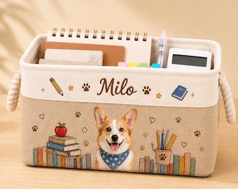 Personalized Dog Storage Basket, Custom Pet Toy Bin, Classroom Book Holder, Canvas Storage Box