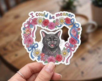 I Could Be Meaner Sticker, Kitten Heart Tattoo Art Feral Girly Cat Meme Coquette Funny Stickers, Vinyl Waterproof Decor