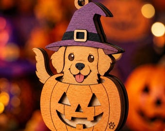 Halloween Wooden Pet Pumpkin Ornament, Witch Hat Decor, Pet Lover Gift, Fall Home Decoration