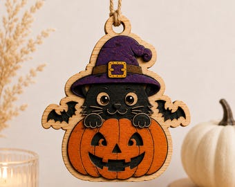 Pet Pumpkin Halloween Wooden Ornament, Layered Wood Pet Decor, Witch Hat Decor, Fall Home Decoration