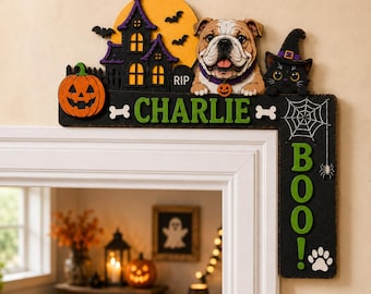 Personalized Pet Halloween Door Corner Sign, Spooky Haunted House Decor, Custom Name Wooden Topper