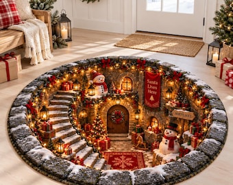 3D Illusion Christmas Rug, Santa Village Floor Decor, Holiday Home Gift