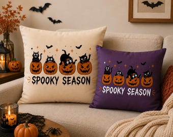 Halloween Cat Throw Pillow, Spooky Season Pillow, Black Cat Pumpkin Cushion, Funny Cat Lover Gift, Fall Halloween Home Decor