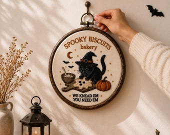 Embroidered Hoop Ornament, Black Cat Halloween Decor, Witch Cat Baking, Oak Wood Frame