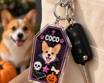 Personalized Pet Halloween Coffin Shaker Keychain, Custom Dog Photo Name Accessory