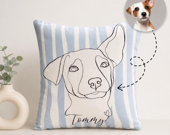 Personalized Pet Line Art Cushion, Custom Dog Pillow, Striped Pet Portrait Home Decor