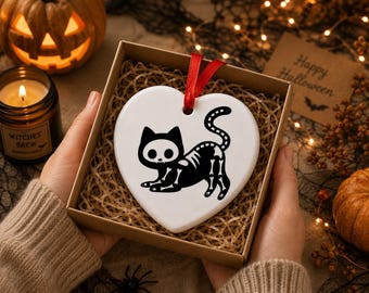 Skeleton Cat Ceramic Ornament, Spooky Halloween Gothic Decor, Cat Lover Gift
