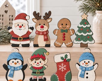 Rustic Wooden Christmas Block Decor, Santa Reindeer Snowman Shelf Display