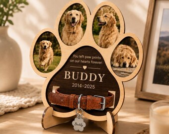 Custom Paw Print Pet Memorial Plaque, Wooden Photo Frame With Collar Holder