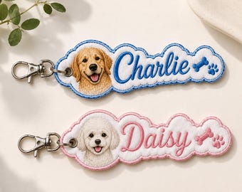 Custom Embroidered Pet Portrait Keychain, Personalized Name Bag Tag