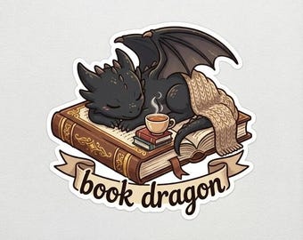 Black Baby Dragon Book Waterproof Sticker, Cute Vinyl Sticker Fantasy Bookish Merch, Book Lover Gift, Reading Lover Gift, Vinyl Decor