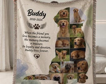 Personalized Pet Memorial Woven Blanket, Custom Dog Photo Throw, Pet Loss Sympathy Gift