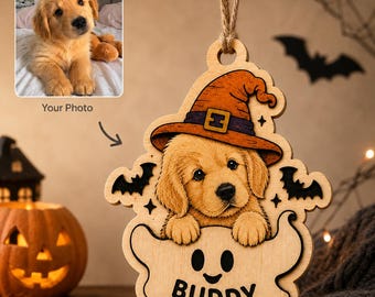 Personalized Pet Photo Halloween Wooden Ornament, Wooden Witch Dog Ghost Farmhouse Decor