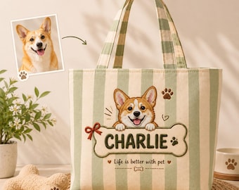 Personalized Pet Photo Embroidered Tote Bag, Custom Name Canvas Bag