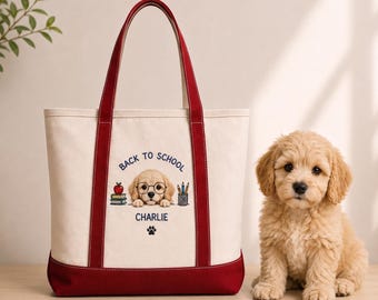 Personalized Pet Photo Canvas Tote Bag, Embroidered Style Back to School Accessory