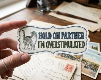 Funny Cowboy Cat Sticker, Western Cat Sarcastic Country Sticker, Trendy Vintage Sticker Hold On Partner I'M Overstimulated, Vinyl Decor