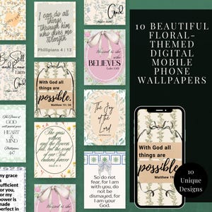 Puede incluir: Una colección de 10 fondos de pantalla digitales para móviles con temática floral. Cada diseño presenta citas inspiradoras y elementos florales. La imagen incluye un teléfono que muestra uno de los diseños.