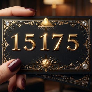 May include: Black card with gold embossed numbers "15175" and ornate gold detailing. The card features a sunburst and a pyramid design. The text "EXQUISITE NUMBERS" is visible. The card is held by a hand with rings.