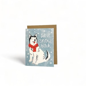 May include: Greeting card featuring a white and black husky dog wearing a red scarf, set against a light blue background with snowflakes. The card reads "Let it snow, bitch" in white script. The card is paired with a brown envelope.