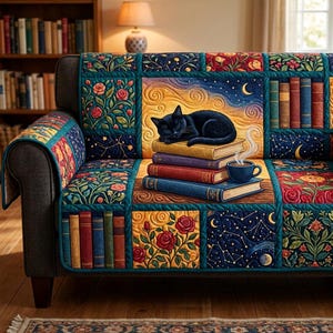 May include: A quilted sofa cover with a patchwork design featuring a black cat sleeping on books, a cup of coffee, roses, and celestial patterns. The cover is in shades of blue, gold, and red.