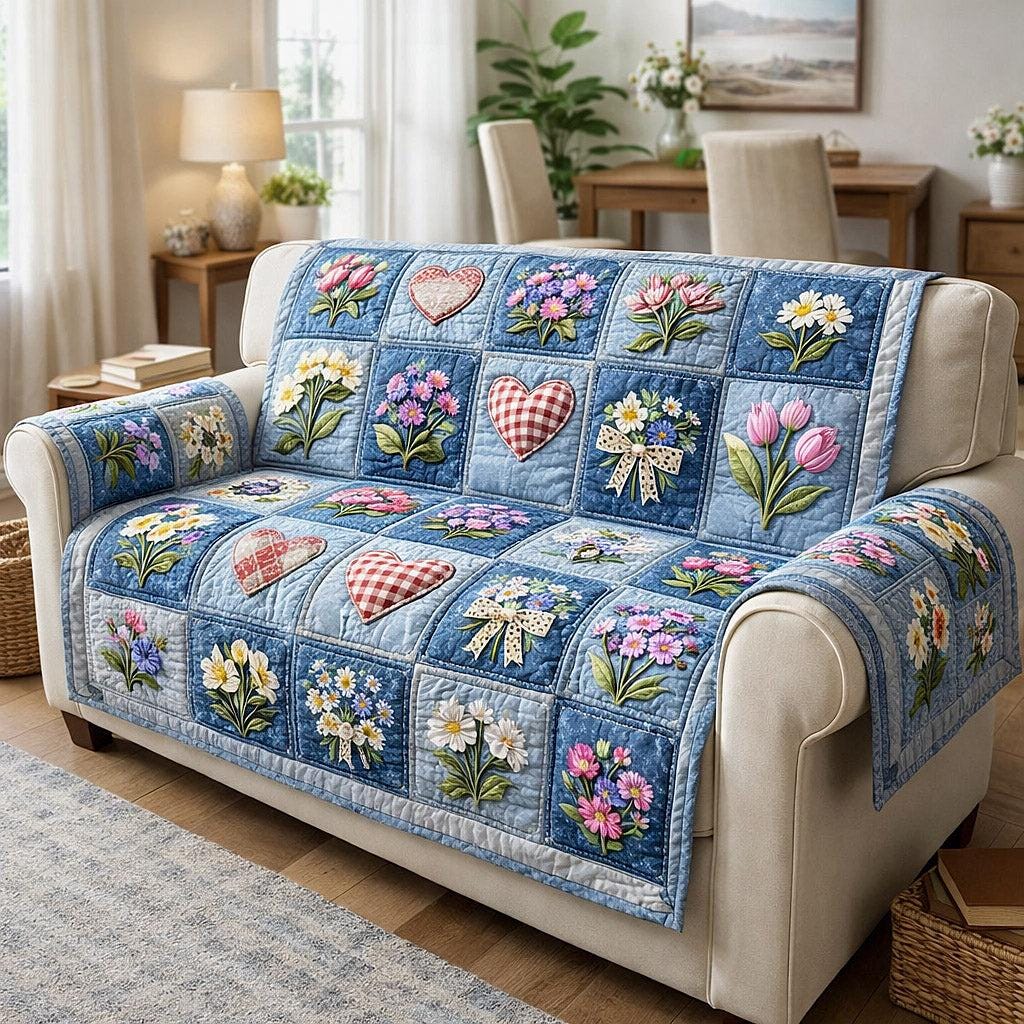 Discover Floral Patchwork Sofa Cover Print On Demand, Cottagecore Couch Protector, Spring Flower Quilt Throw, Farmhouse Living Room Decor
