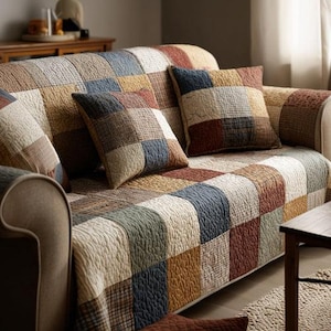 Può includere: Un divano con una coperta patchwork e cuscini coordinati. La coperta presenta quadrati di vari colori, tra cui beige, blu, marrone e rosso. I cuscini hanno un design patchwork simile, creando un'estetica accogliente e armoniosa.