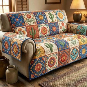 Funda de sofá Boho Tile, funda de sofá Sun Cactus, funda floral colorida, protector de sofá estilo edredón mediterráneo, decoración acogedora para el hogar