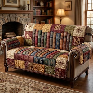 Op de afbeelding: Een bank met een gewatteerde hoes met een bibliotheek van boeken in verschillende kleuren. De hoes heeft een reeks kleuren, waaronder rood, groen en goud. De bank heeft houten armleuningen en staat op een patroonkleed.