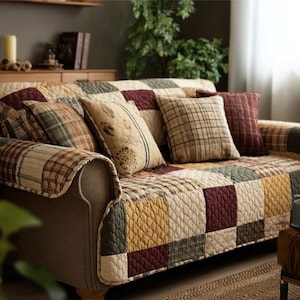 Plaid Sofa Cover Quilted Couch Protector, Farmhouse Patchwork Couch Throw Blanket, Rustic Living Room Decor, Anti Slip Sofa Protector Cover