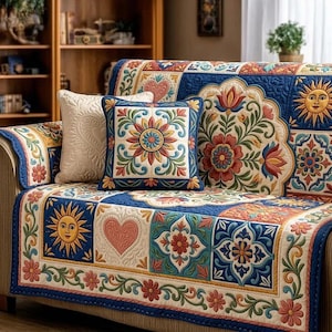 Funda de sofá mediterránea, funda de sofá con estampado de azulejos españoles, funda bohemia floral, protector de sofá estilo edredón colorido, decoración rústica