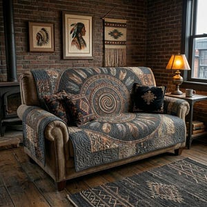 Op de afbeelding: Een bruine bank met een patroon quilt cover met een centraal spiraalontwerp en veermotieven. Twee sierkussens en een zwart kussen met gouden borduursel liggen op de bank. De kamer heeft een bakstenen muur en kunstwerken met een Indiaans thema.