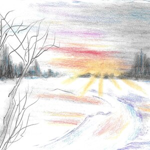 May include: A colored pencil drawing of a winter landscape featuring a bright yellow sun rising over a snow-covered field. Bare trees stand on the left and dark silhouettes of trees line the horizon. The sky shows streaks of pink, orange, and blue.