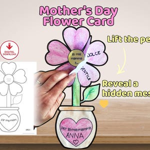 Può includere: Un biglietto floreale per la festa della mamma con un fiore rosa e viola, uno stelo verde e un vaso con un cuore. La carta dice "Solleva i petali" per "Rivelare un messaggio nascosto". Sono visibili anche le parole "Download digitale".